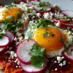 Chilaquiles recipe topped with fried eggs, queso fresco, radishes, and cilantro over crispy tortilla chips with red sauce.