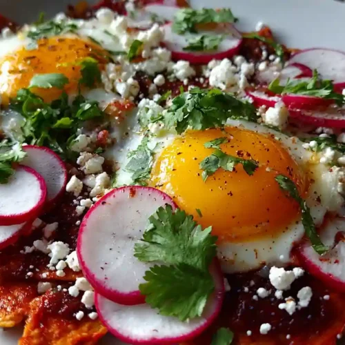 Easy Chilaquiles Recipe: A Quick & Flavorful Breakfast 2 Chilaquiles recipe topped with fried eggs, queso fresco, radishes, and cilantro over crispy tortilla chips with red sauce.