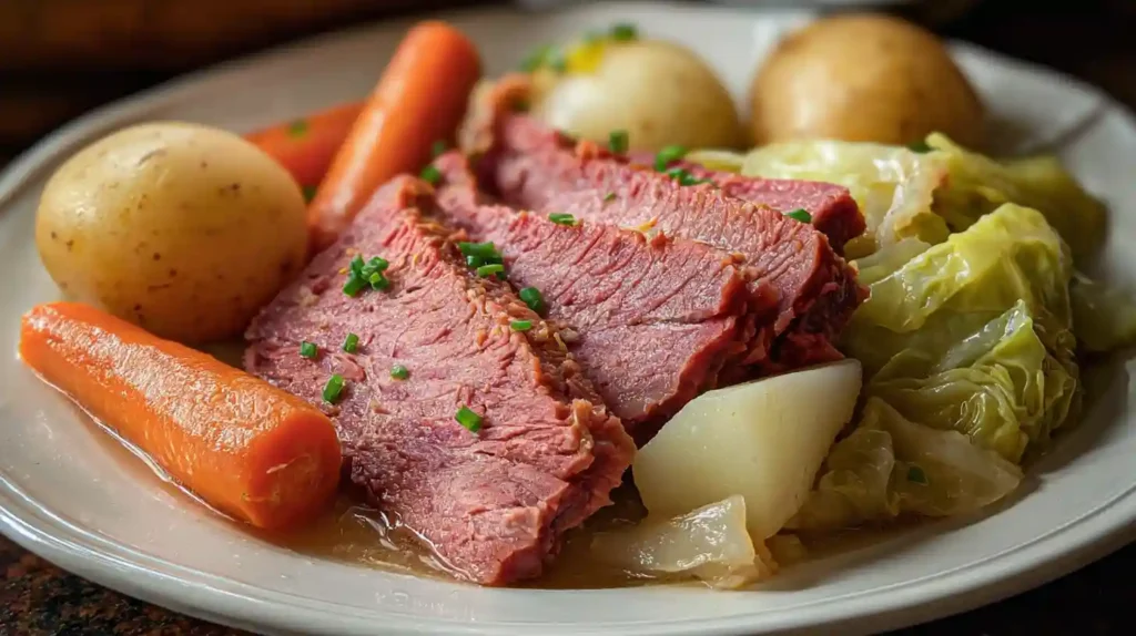 Corned Beef and Cabbage Recipe served with sliced corned beef, potatoes, carrots, and tender cabbage on a plate.