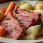 Corned Beef and Cabbage Recipe served with sliced corned beef, potatoes, carrots, and tender cabbage on a plate.