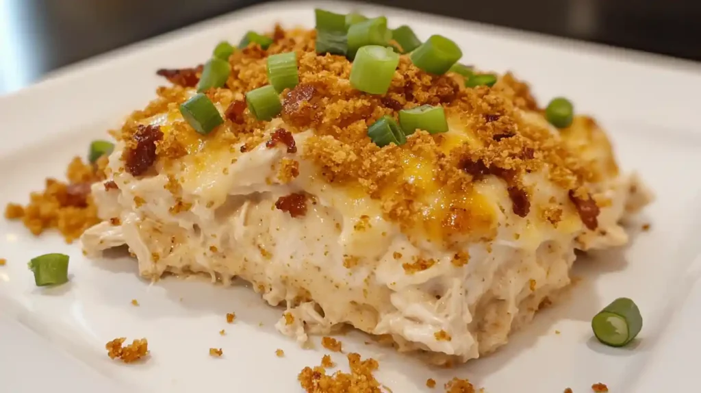 Million dollar chicken casserole topped with melted cheese, crispy golden crumbs, and green onions on a white plate.