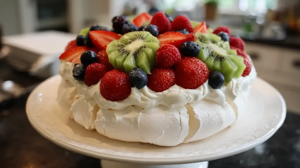 Pavlova recipe topped with whipped cream, strawberries, kiwi, blueberries, and raspberries on a white cake stand.