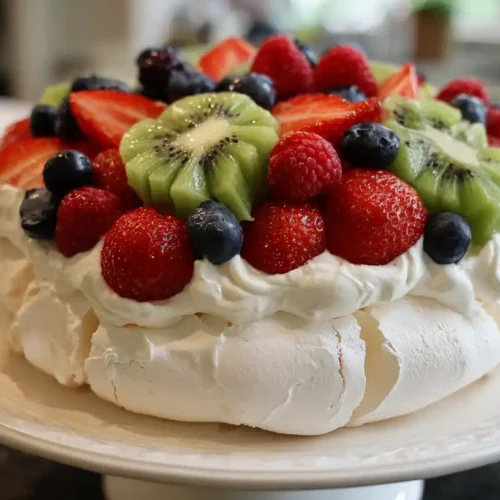 Ultimate Pavlova Recipe: Crisp Meringue with Cream & Fruit 2 Pavlova recipe topped with whipped cream, strawberries, kiwi, blueberries, and raspberries on a white cake stand.