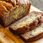 Peanut Butter Banana Bread sliced on a wooden cutting board, showing a moist texture with banana pieces throughout.
