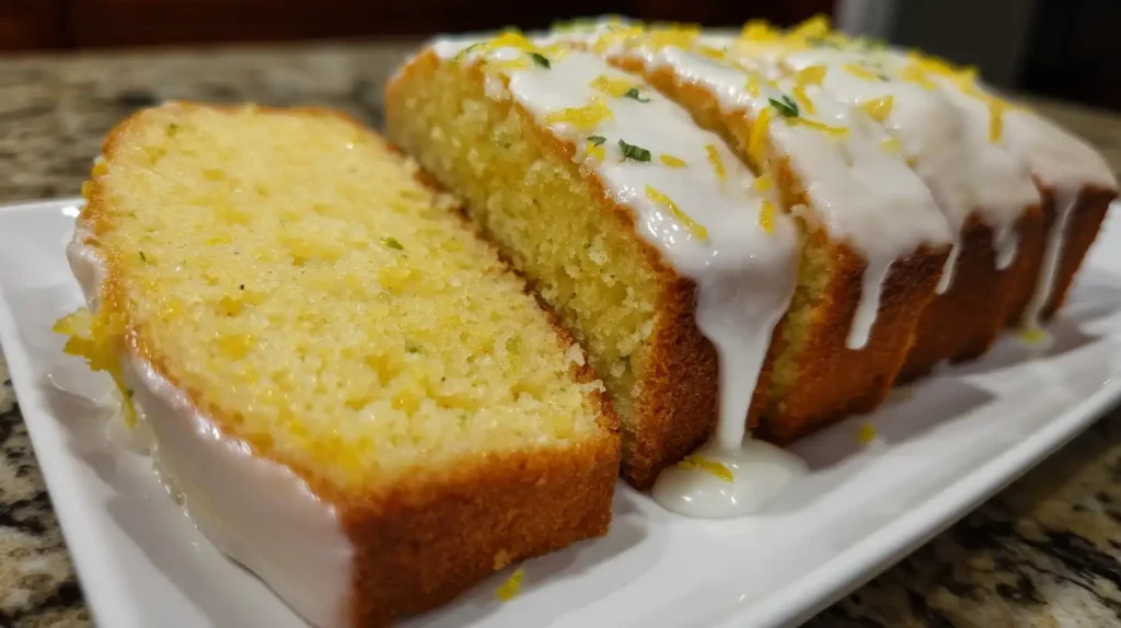 The Best Lemon Pound Cake Recipe with Icing sliced and topped with sweet lemon glaze on a white plate.