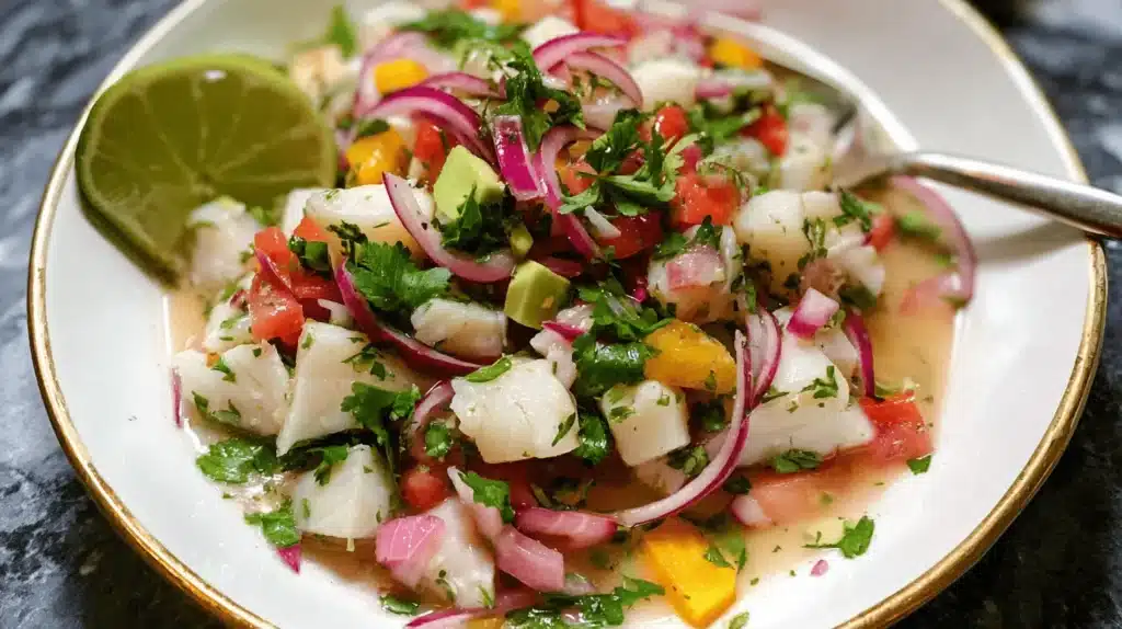 Vibrant ceviche recipe with fresh fish, red onions, and lime in a stylish gold-rimmed bowl.