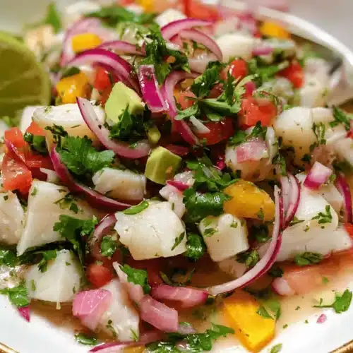 Easy Ceviche Recipe 2 Vibrant ceviche recipe with fresh fish, red onions, and lime in a stylish gold-rimmed bowl.