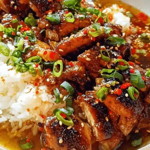 Delicious Caramelized Soy Chicken with Garlic Ginger Broth & Rice 2 Close-up top-down view of vibrant Caramelized Soy Chicken with rice, scallions, chili, and sesame seeds in a rustic bowl.