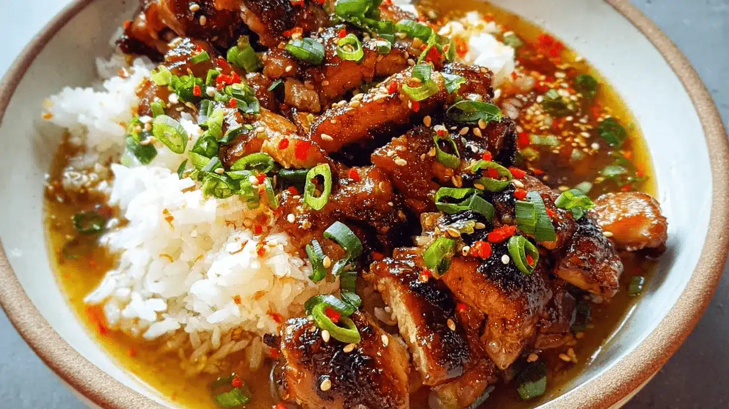 Delicious Caramelized Soy Chicken with Garlic Ginger Broth & Rice 1 Close-up top-down view of vibrant Caramelized Soy Chicken with rice, scallions, chili, and sesame seeds in a rustic bowl.