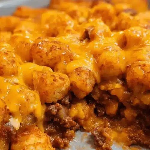 Close-up of a bubbling Chili Cheese Tater Tot Casserole with melted cheddar and crispy tater tots.