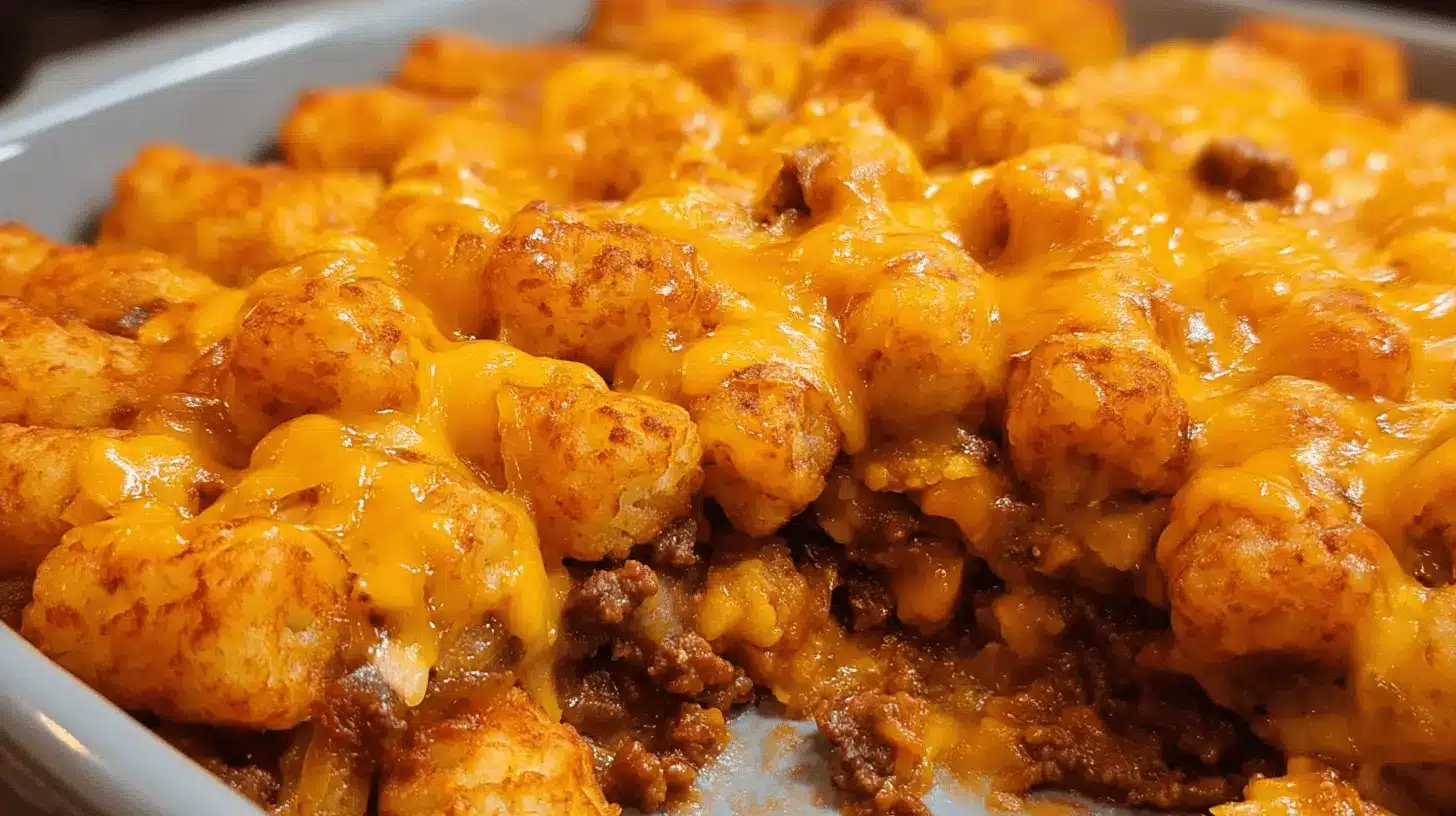 Close-up of a bubbling Chili Cheese Tater Tot Casserole with melted cheddar and crispy tater tots.