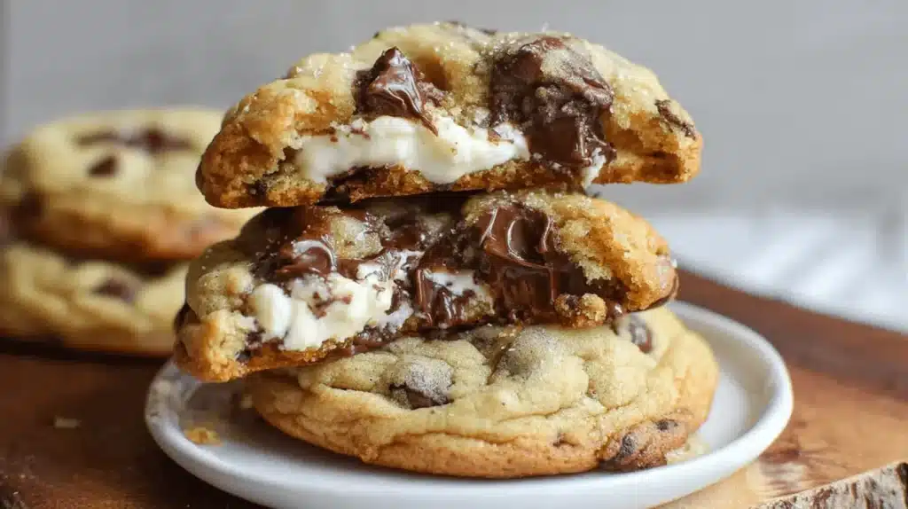 Stack of three gourmet Chocolate Chip Cheesecake Cookies, with the top two broken open to reveal gooey melted chocolate and creamy white filling.