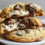 Stack of three gourmet Chocolate Chip Cheesecake Cookies, with the top two broken open to reveal gooey melted chocolate and creamy white filling.