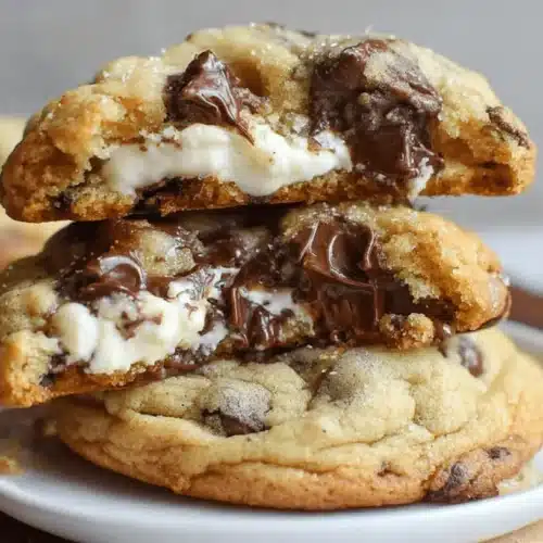 Decadent Chocolate Chip Cheesecake Cookies 2 Stack of three gourmet Chocolate Chip Cheesecake Cookies, with the top two broken open to reveal gooey melted chocolate and creamy white filling.