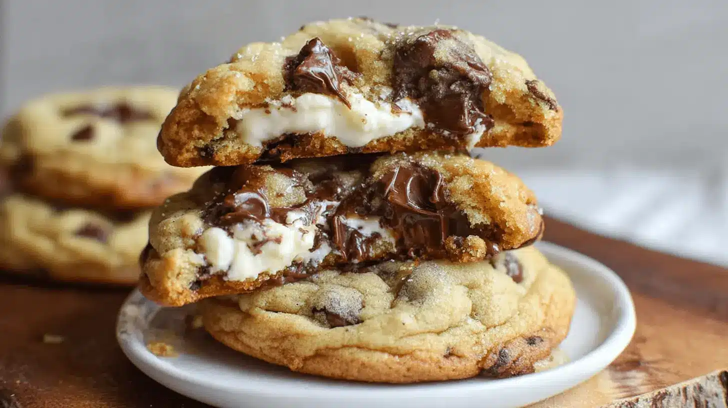 Decadent Chocolate Chip Cheesecake Cookies 1 Stack of three gourmet Chocolate Chip Cheesecake Cookies, with the top two broken open to reveal gooey melted chocolate and creamy white filling.