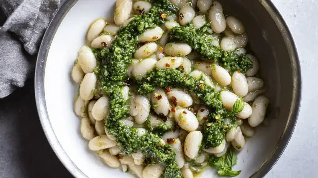 Close-up of creamy pesto beans garnished with red chili flakes and fresh basil in a distressed metallic bowl.