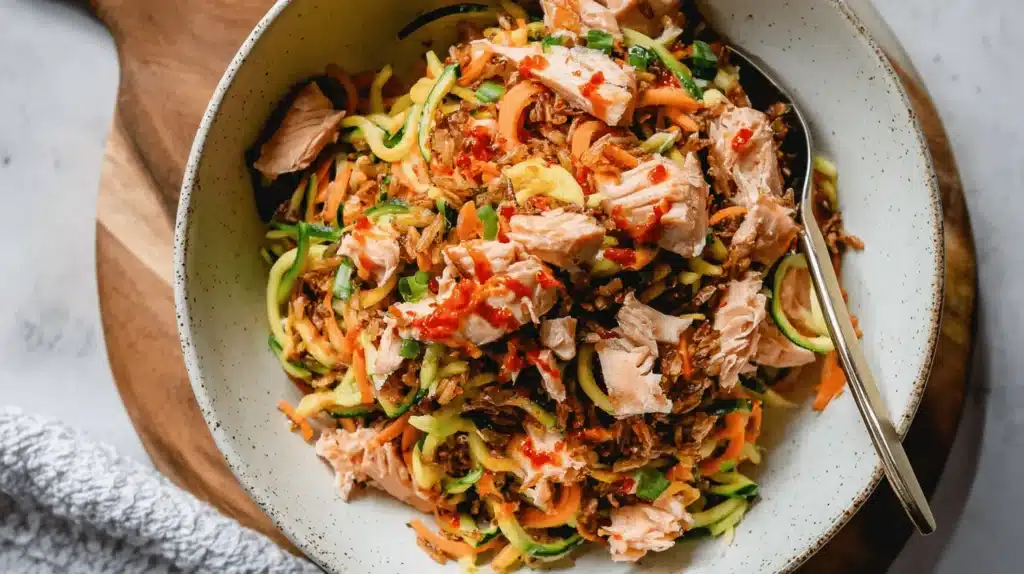 Vibrant Crispy Rice Salad with Sweet Chili Sauce, fresh salmon, spiralized vegetables, and green onions in a rustic bowl.