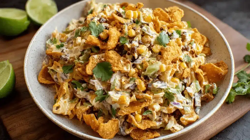 A vibrant bowl of creamy Frito Cowboy Cabbage salad, featuring corn, black beans, and cilantro, served in a rustic ceramic bowl with fresh limes.