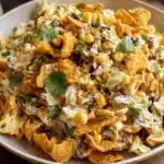 A vibrant bowl of creamy Frito Cowboy Cabbage salad, featuring corn, black beans, and cilantro, served in a rustic ceramic bowl with fresh limes.