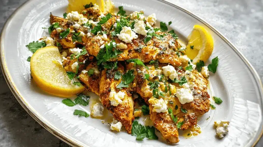 Appetizing close-up of Greek Chicken with Lemon and Feta, garnished with fresh herbs on an elegant plate.