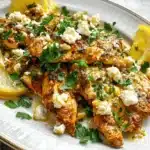 Appetizing close-up of Greek Chicken with Lemon and Feta, garnished with fresh herbs on an elegant plate.