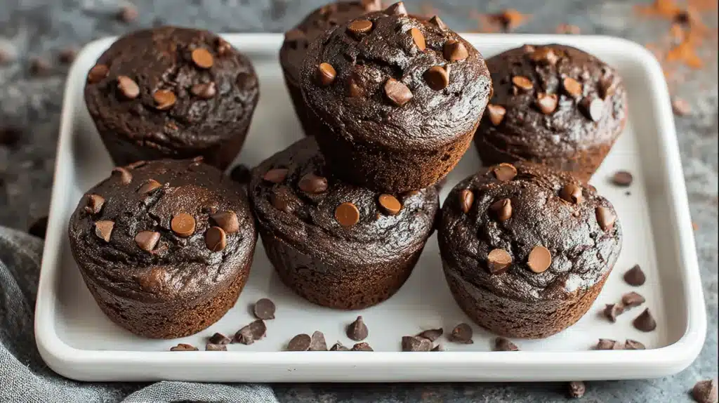 Close-up of rich High Protein Greek Yogurt Chocolate Muffins with chocolate chips on a white tray.