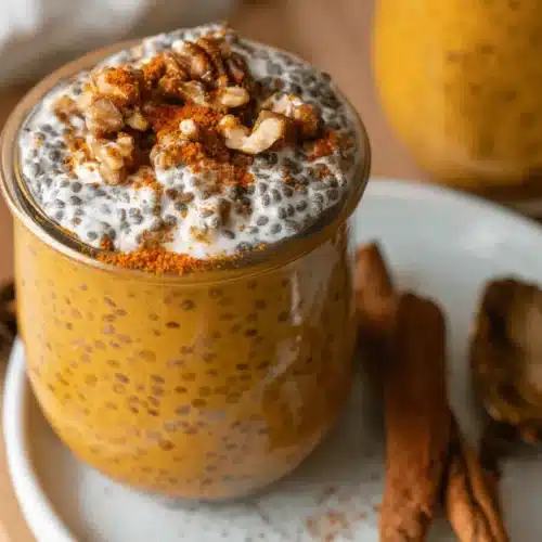 Close-up of a High Protein Pumpkin Chia Pudding in a glass jar, topped with walnuts and autumn spices, with cinnamon sticks and star anise on the side.