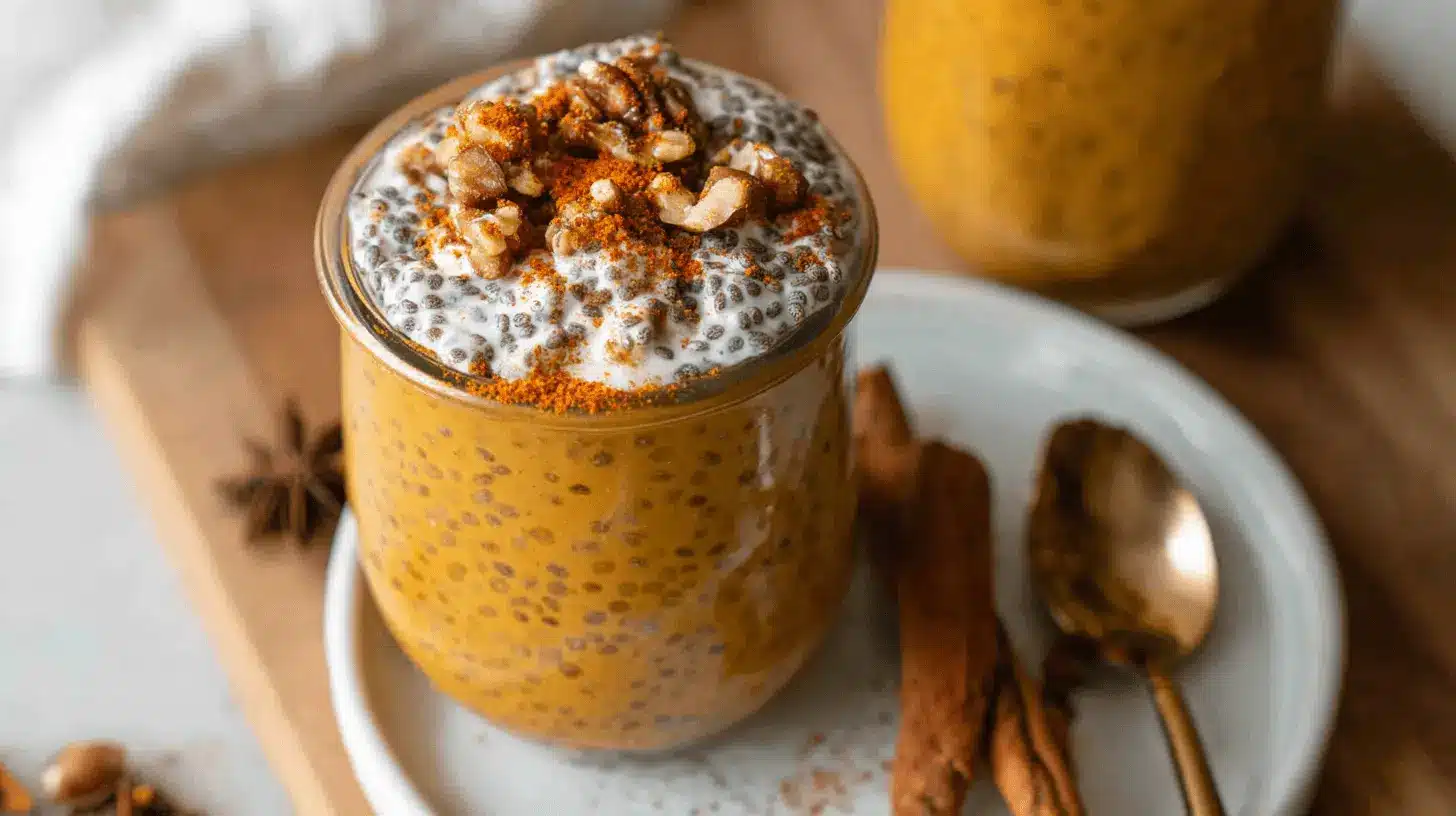 Close-up of a High Protein Pumpkin Chia Pudding in a glass jar, topped with walnuts and autumn spices, with cinnamon sticks and star anise on the side.