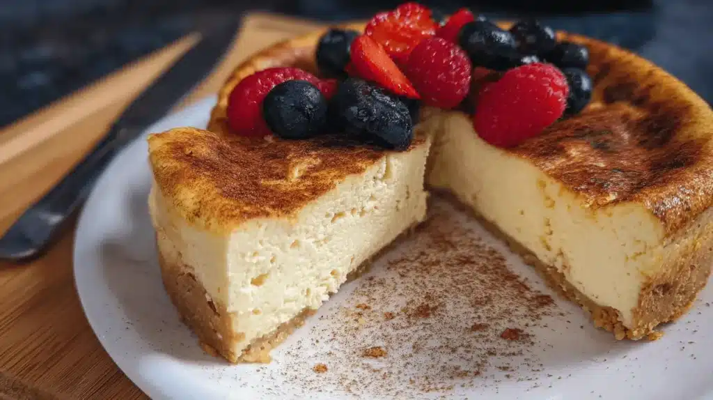 A slice of golden-brown high protein ricotta cheesecake with fresh berries on a white plate, revealing a creamy interior.
