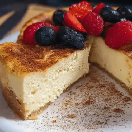 A slice of golden-brown high protein ricotta cheesecake with fresh berries on a white plate, revealing a creamy interior.