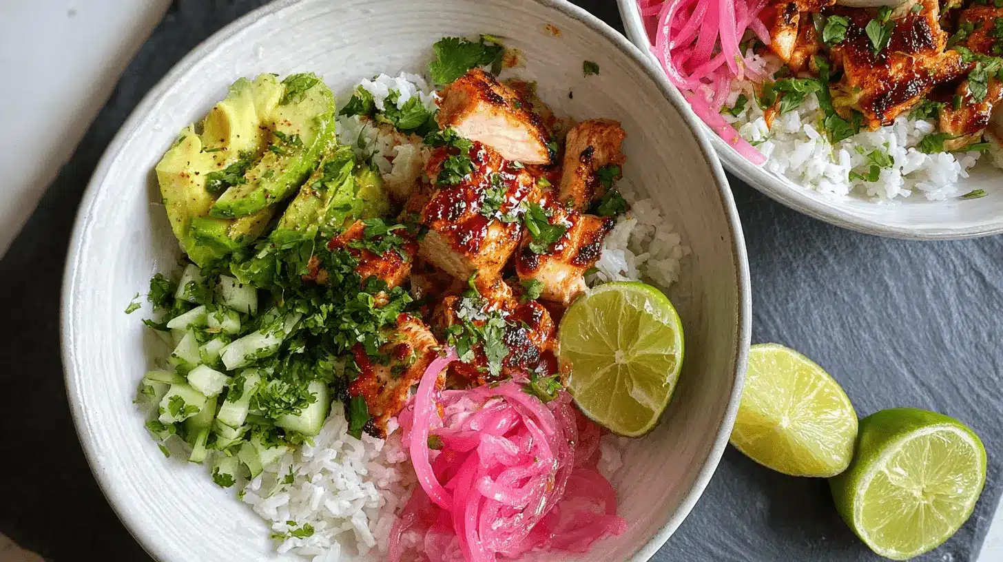 Honey Lime Chicken and Rice Bowls 1 Overhead view of vibrant Honey Lime Chicken & Rice Bowls with avocado, pickled onions, and fresh cilantro.