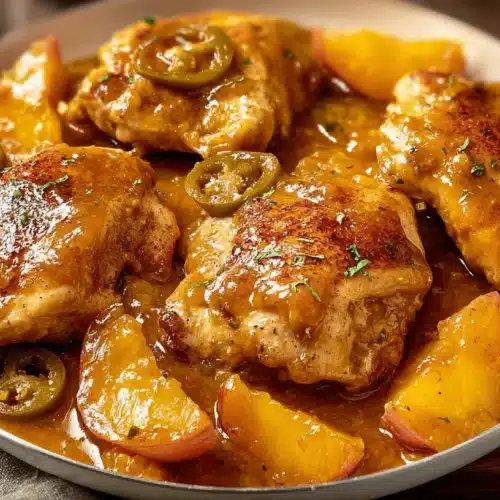 Close-up of delicious Jalapeño Peach Chicken, featuring braised chicken thighs, caramelized peaches, and fresh jalapeño slices in a white bowl.
