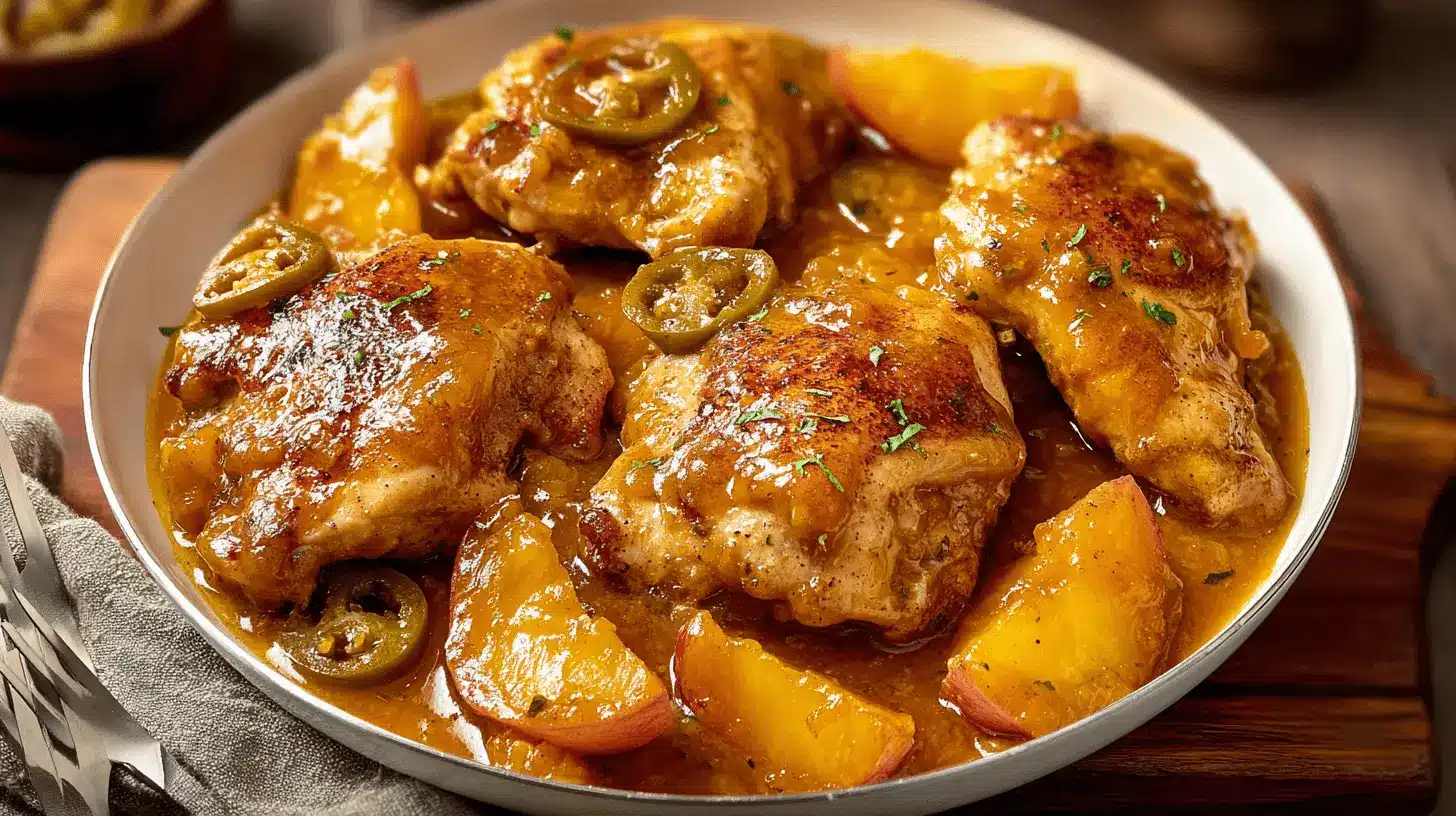 Close-up of delicious Jalapeño Peach Chicken, featuring braised chicken thighs, caramelized peaches, and fresh jalapeño slices in a white bowl.