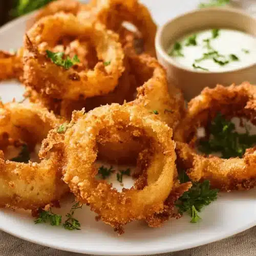 Golden-brown, crispy Old-Fashioned Onion Rings piled high on a plate with creamy dipping sauce and parsley.