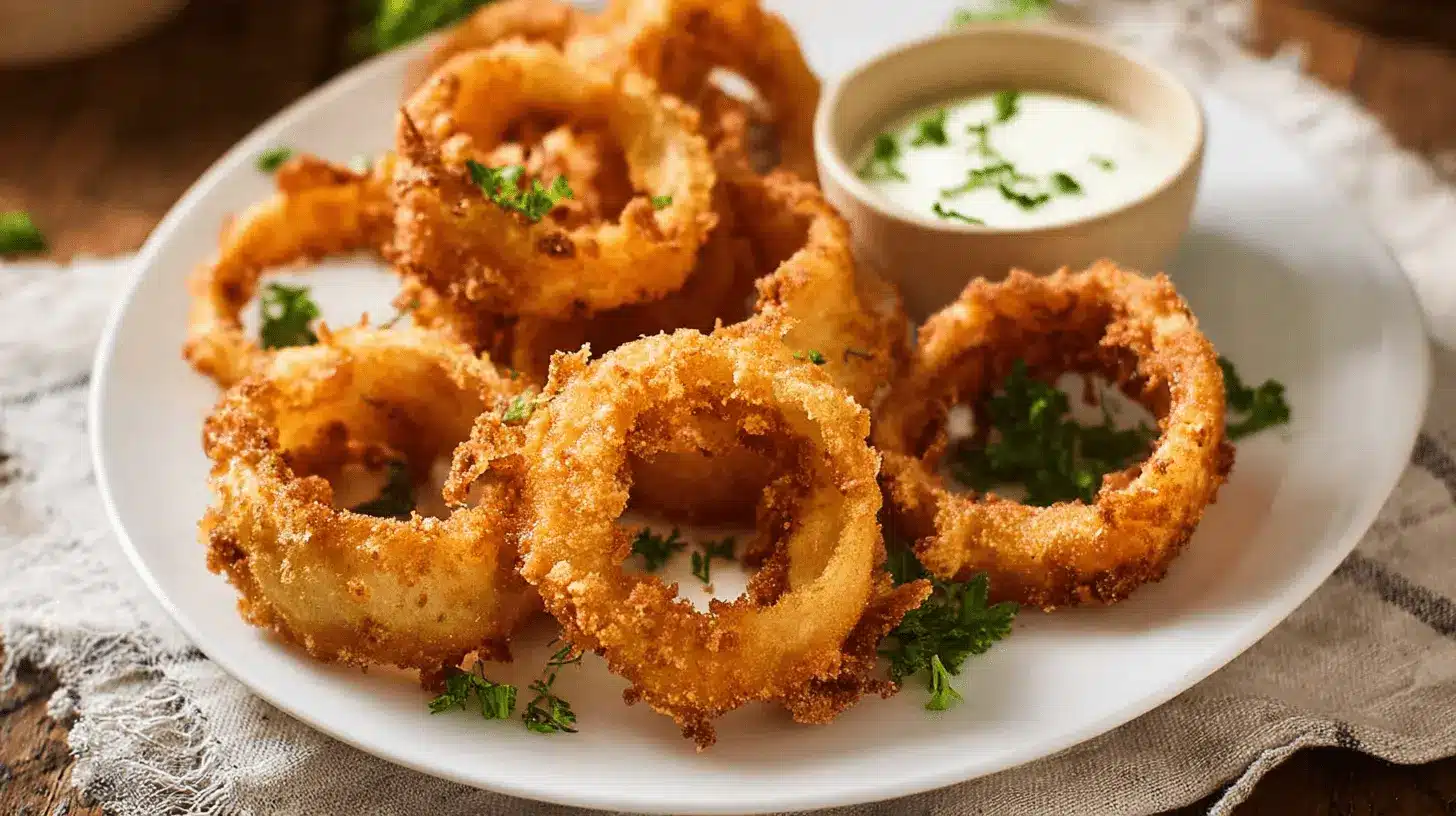 Golden-brown, crispy Old-Fashioned Onion Rings piled high on a plate with creamy dipping sauce and parsley.