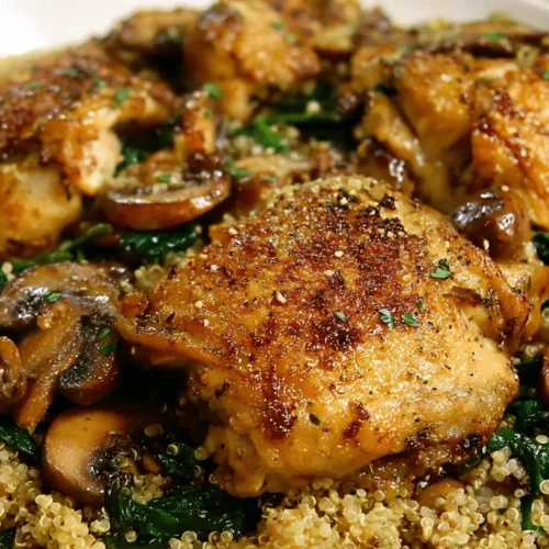 A close-up, top-down view of a delicious one-pan chicken and quinoa meal with crispy chicken thighs, fluffy quinoa, sautéed mushrooms, and wilted spinach in a white bowl.