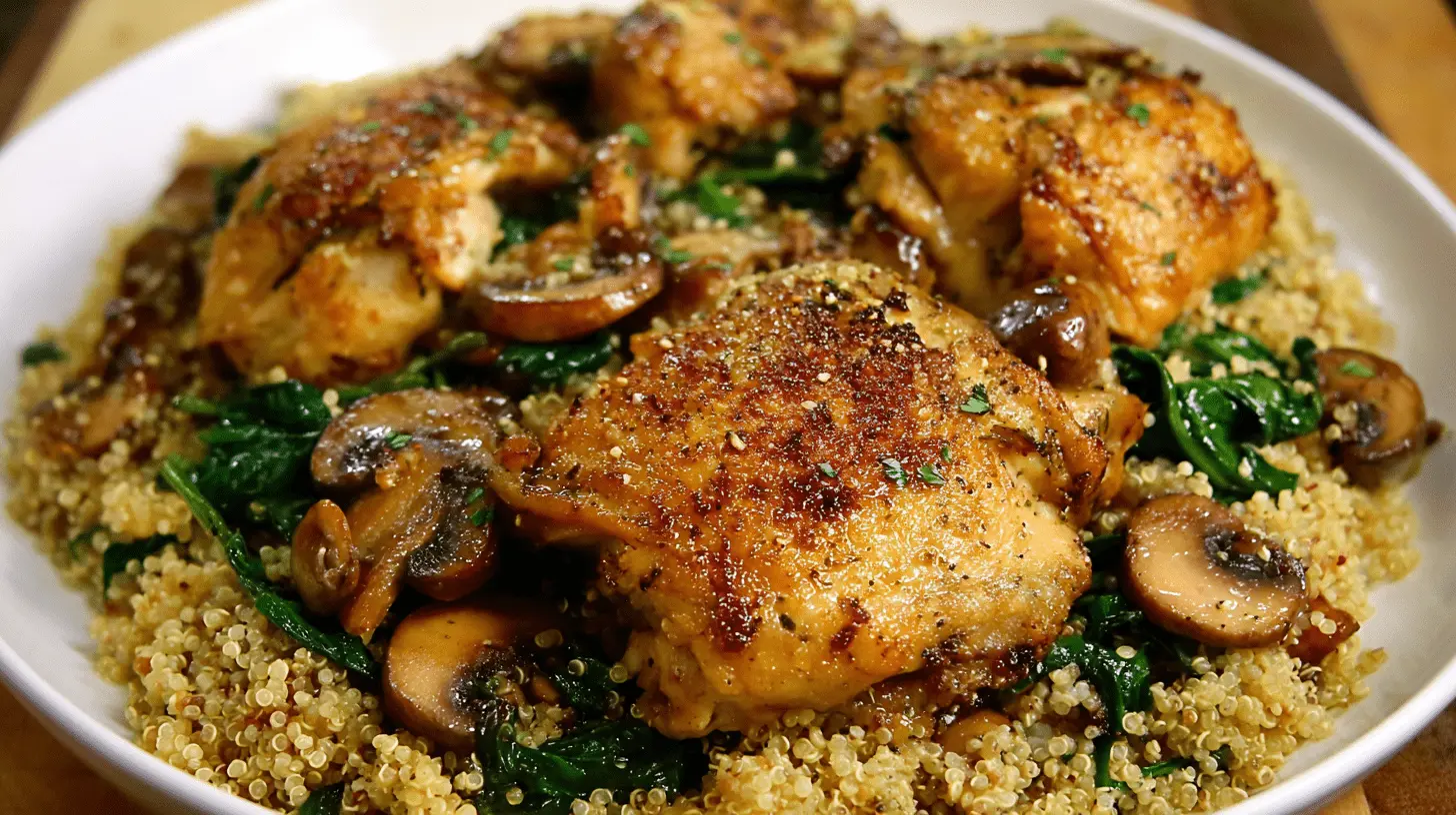 A close-up, top-down view of a delicious one-pan chicken and quinoa meal with crispy chicken thighs, fluffy quinoa, sautéed mushrooms, and wilted spinach in a white bowl.