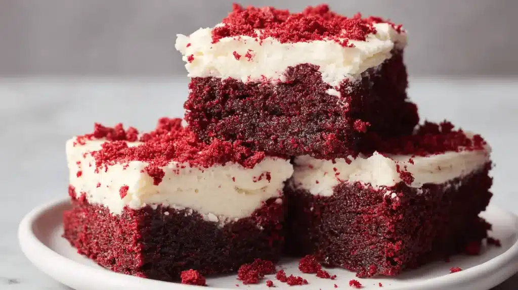 Decadent Red Velvet Brownies with creamy white frosting and cake crumbs.