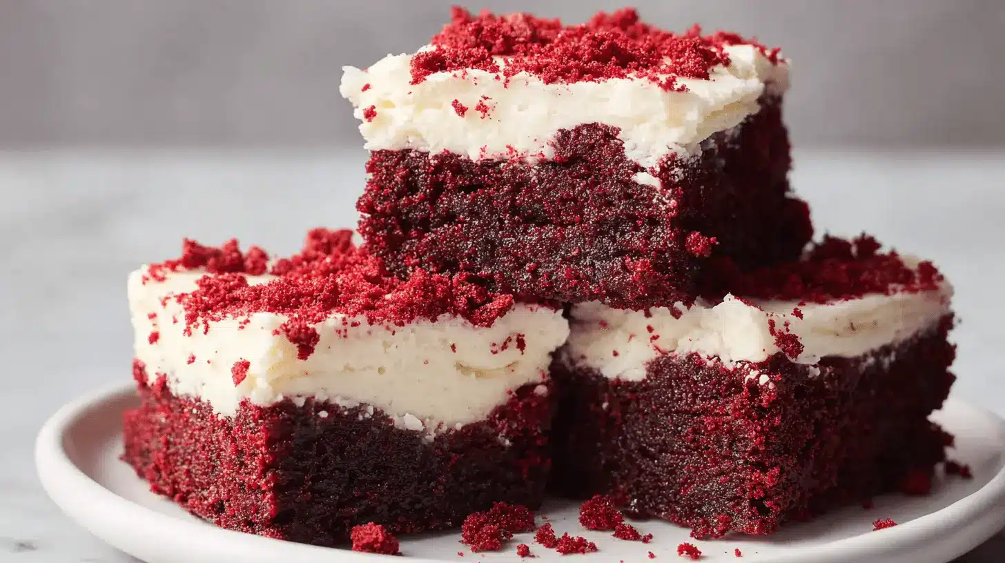 Decadent Red Velvet Brownies with creamy white frosting and cake crumbs.