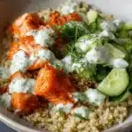 Vibrant close-up of a healthy salmon quinoa bowl with fresh dill and creamy dressing.