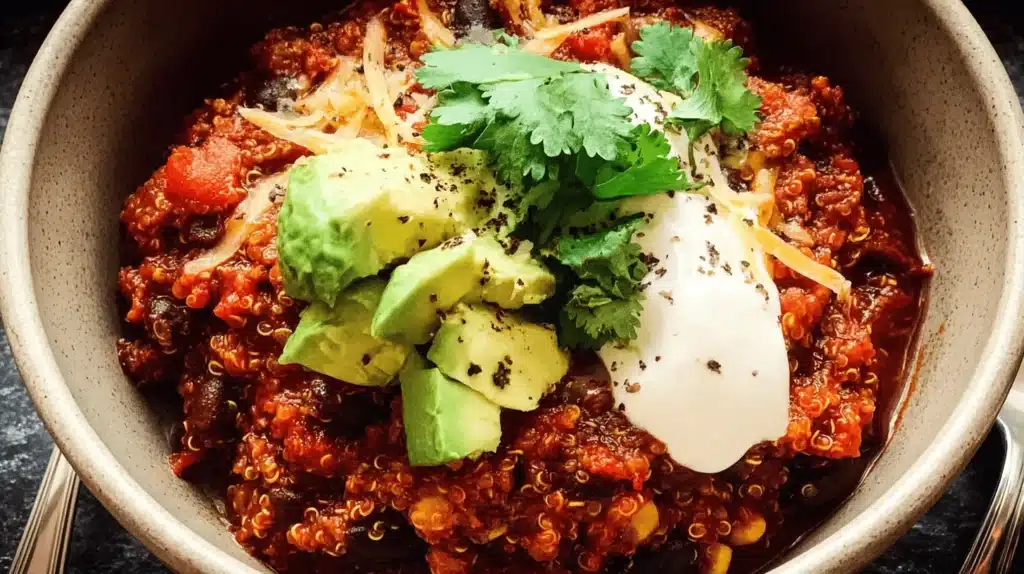 Overhead shot of a hearty slow-cooker quinoa chili bowl, garnished with avocado, sour cream, and fresh cilantro.