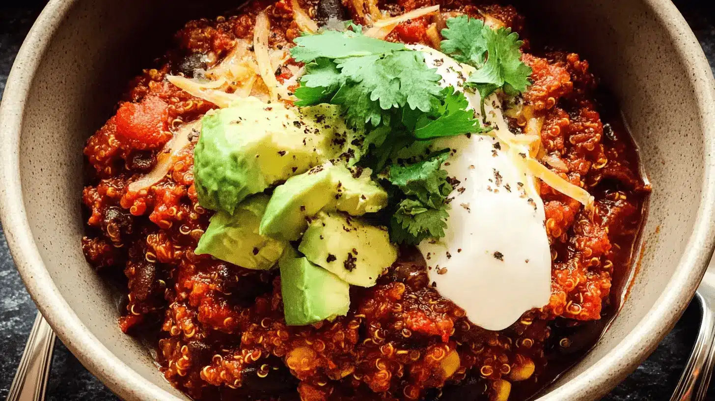 Overhead shot of a hearty slow-cooker quinoa chili bowl, garnished with avocado, sour cream, and fresh cilantro.