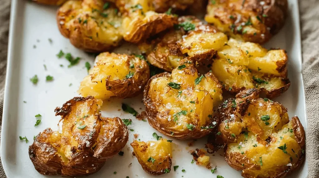 Close-up overhead shot of crispy, golden-brown Smashed Potatoes with fresh herbs and sea salt on a white plate.