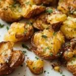 Close-up overhead shot of crispy, golden-brown Smashed Potatoes with fresh herbs and sea salt on a white plate.