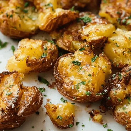 Close-up overhead shot of crispy, golden-brown Smashed Potatoes with fresh herbs and sea salt on a white plate.