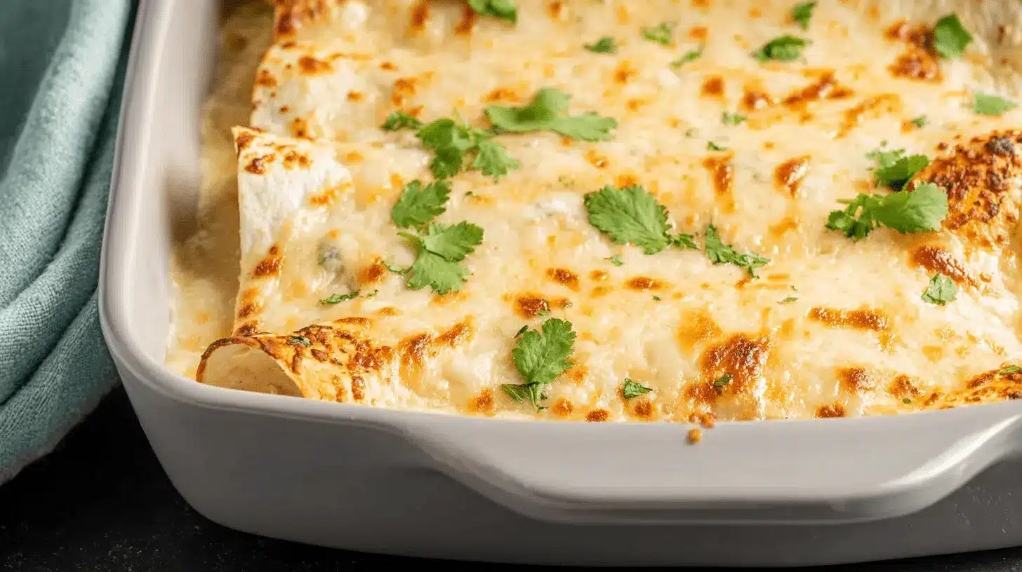 A close-up of cheesy, baked Sour Cream Chicken Enchiladas in a white casserole dish, garnished with fresh cilantro.