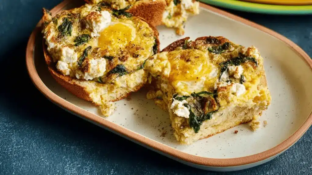 Close-up of two individual Spinach & feta English muffin breakfast casserole portions with runny yolks, served on a rustic platter.