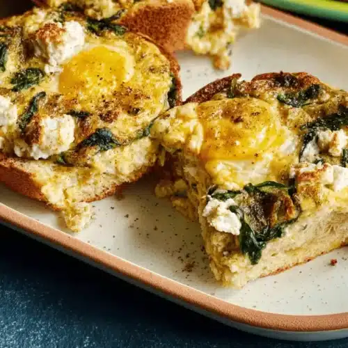 Delicious Spinach & Feta English Muffin Breakfast Casserole 2 Close-up of two individual Spinach & feta English muffin breakfast casserole portions with runny yolks, served on a rustic platter.
