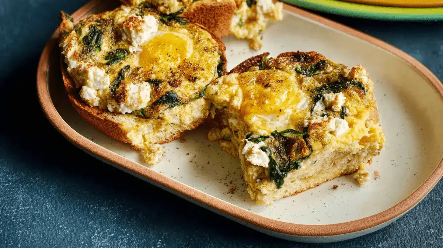 Delicious Spinach & Feta English Muffin Breakfast Casserole 1 Close-up of two individual Spinach & feta English muffin breakfast casserole portions with runny yolks, served on a rustic platter.