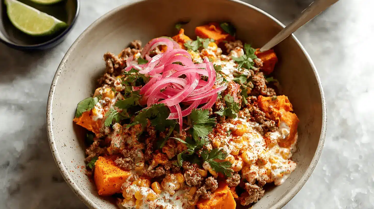 Easy Street Corn Beef and Sweet Potato Bowls 1 Vibrant Street corn beef and sweet potato bowls with pickled red onions, creamy corn, and fresh cilantro.
